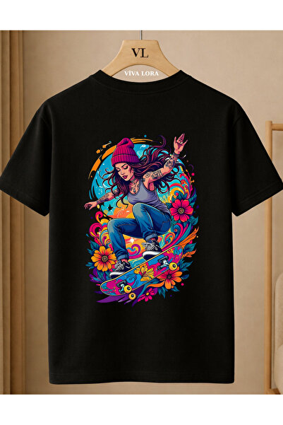 VİVA LORA Skateboarder Girl Back Printed Women's 100% Cotton Regular T-Shirt ...