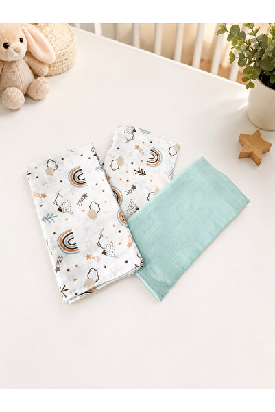 SALLHOMEE Sallhome Gökkuşağı Desenli 3'lü Müslin Bebek Örtüsü 80x80 cm – Mint...