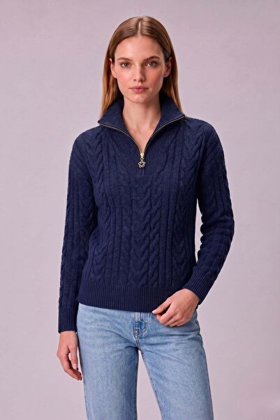 odelon Women's Knitted Half-Zip Bato Collar Wool Knitwear Sweater Navy Blue