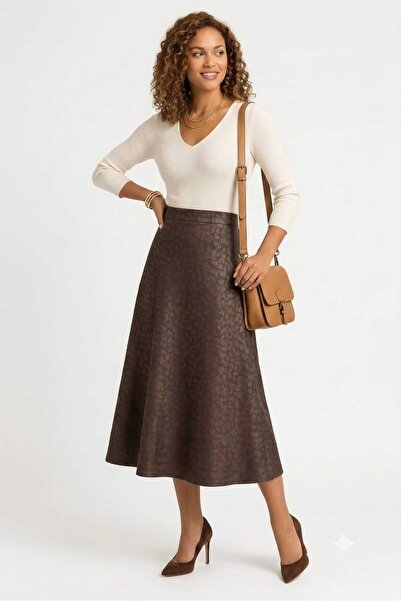 Butik A-Line High Waist Leopard Pattern Midi Skirt with Elastic Waist