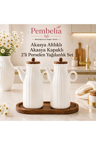 Pembelia Life 2 Adet 1 lt Porselen Yağdanlık Ve Akasya Altlık Seti Yağlık Sir...