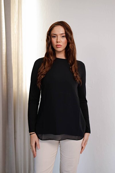Melisa Boutique By Selma Özkan Önü Şifon Tül Detaylı Uzun Kollu Siyah Tunik İ...
