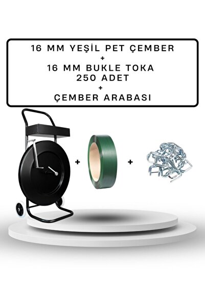 16 mm Yeşil Çember ( Yeşil Polyester Şerit ) + 250 Adet Çember Tokası + Çember Taşıma Arabası