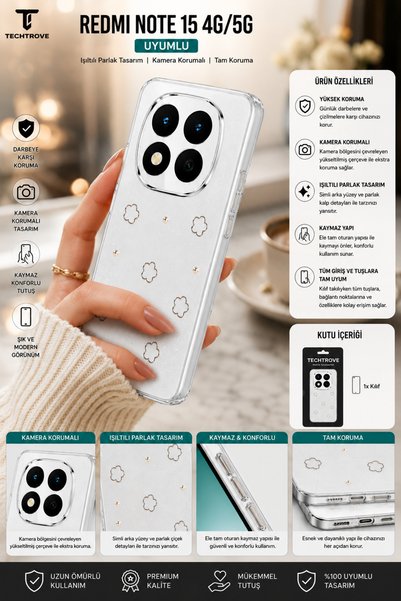 TechTrove Redmi Note 15 4G/5G Uyumlu Şeffaf ve Simli Darbe Emici Kamera Korum...