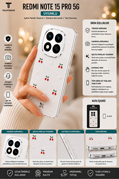 TechTrove Redmi Note 15 Pro 5G Uyumlu Şeffaf ve Simli Darbe Emici Kamera Koru...