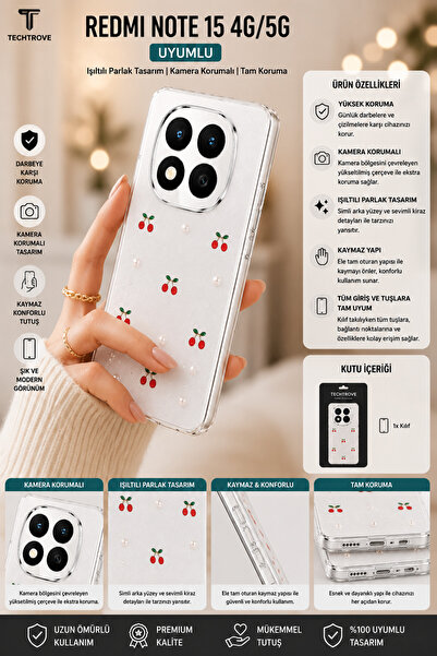 TechTrove Redmi Note 15 4G/5G Uyumlu Şeffaf ve Simli Darbe Emici Kamera Korum...