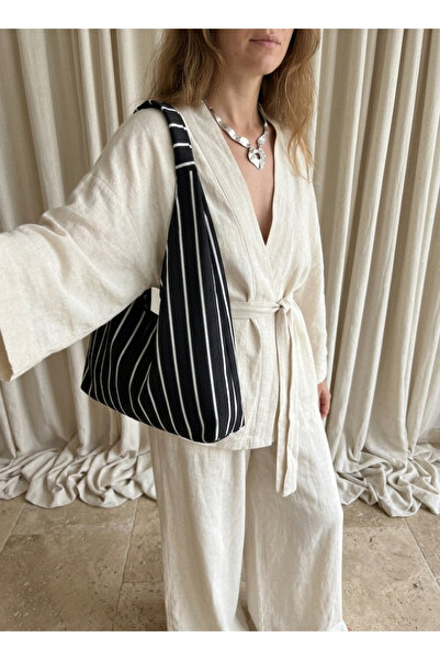 LUNAFEL Black and White Striped Fabric Tote Bag - Large Size - Waterproof Fab...