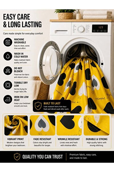 OASIS MART King Size Yellow Heart Pattern Bedsheet Set 3PCS – 125 GSM Soft Breathable Fabric, Fade Resis