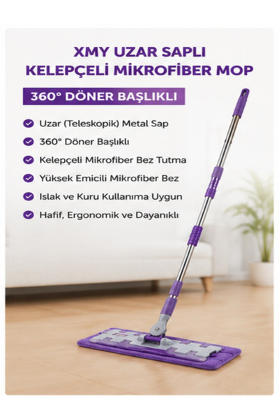 XMY Uzar Saplı Kelepçeli Mikrofiber Yer Temizlik Mopu 360° Döner Başlıklı – Mor