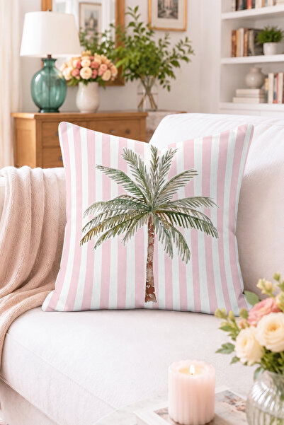 Home Palmiye Figürlü Pembe Beyaz Çizgili Kırlent Kılıfı - Tropikal Dekoratif ...