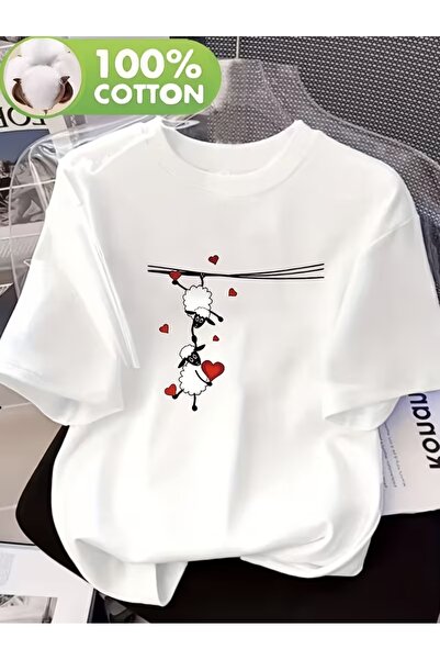 AEMİ Unisex Sheep Love Printed Oversize Crew Neck T-Shirt