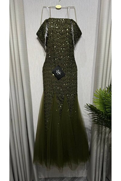 Jood Women's Evening Dress Embroidered with Dropped Shoulders and Tulle Skirt