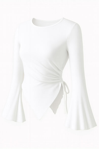 WEEST MODA Round Neck Drape Detailed Spanish Sleeve Hijab Compatible Top Blouse