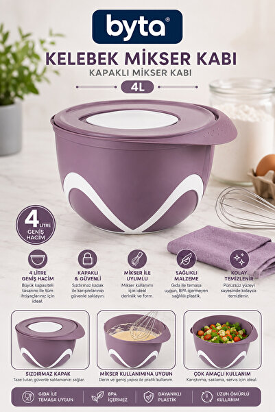 BYTA 4 Liter Mixer Bowl with Lid – Bpa-Free Multi-Purpose Mixing, Dough Knead...