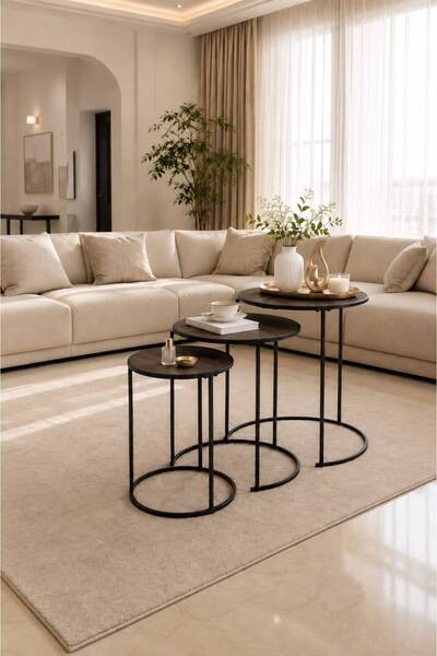Generic Set of Round Nesting Tables Black Metal Frame with Black Wood Top for...