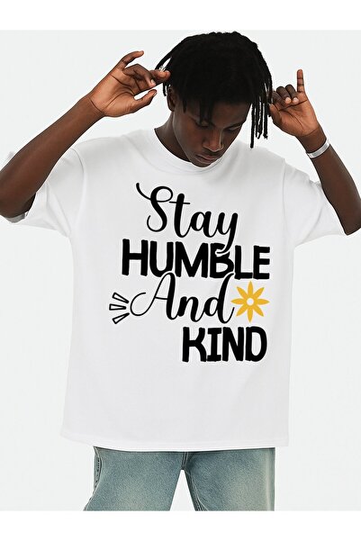 STITCHLY تي شيرت رجالي من Humble Kind برقبة دائرية، تي شيرت أبيض قصير مزين بر...