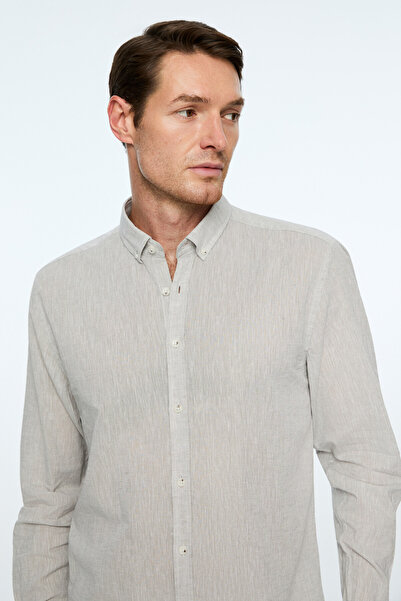 Morven Men's Gray Linen Trend Plain Dynamic Fit Button-Down Collar Shirt