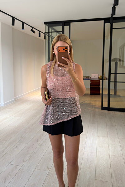 Sezgi Tekin Sequined Asymmetrical Powder Pink Mesh Blouse