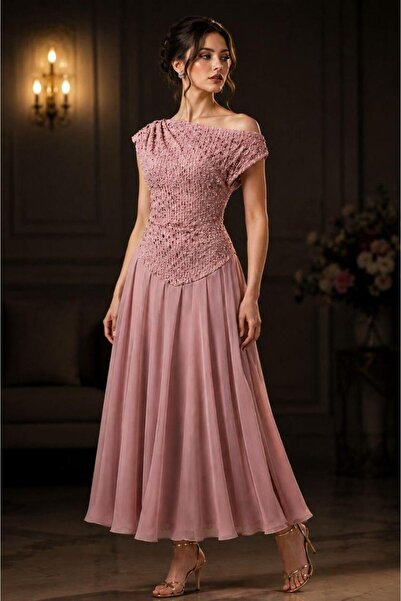 Mar style Luxurious and Elegant Off-The-Shoulder Embroidered Top Midi Dress