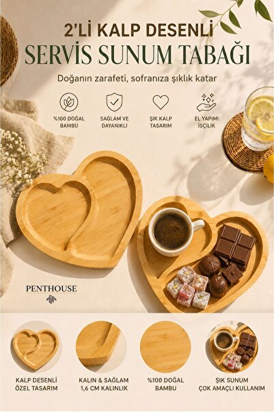 Penthouse Heart Patterned Bamboo Serving Presentation Plate Natural Bamboo Br...