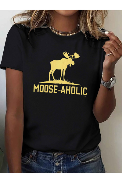 12 Teknoloji تي شيرت نسائي بتصميم Aholic Silhouette Moose-aholic Text Graphic...
