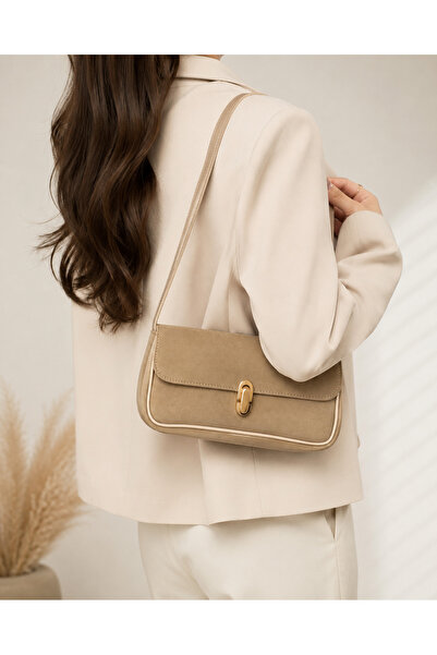 zetus Roma Beige Covered Baguette Shoulder Bag Women's Stylish Daily Bag with...