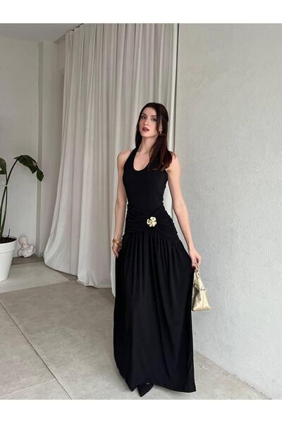 ALPŞAN TİCARET Women's Black Burgundy Brown Halter Neck Long Dress with Gold ...