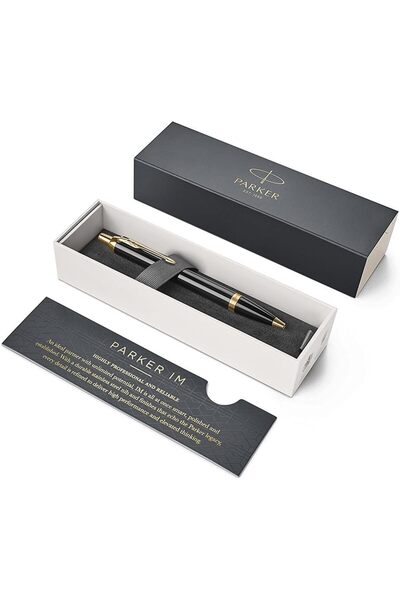 Parker قلم حبر جاف IM، أسود اللون مع حواف ذهبية، برأس متوسط، حبر أسود قابل لإ...
