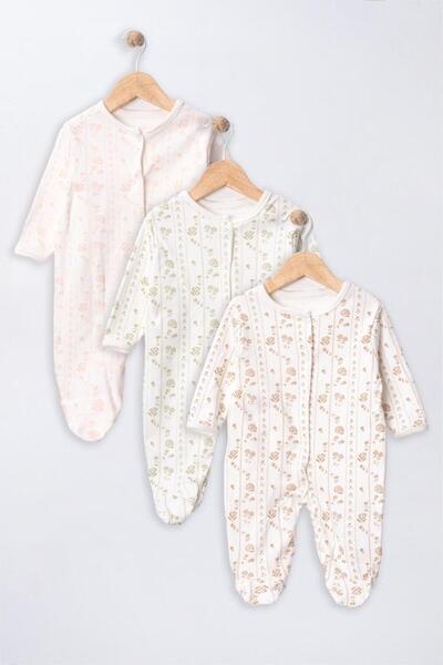 ENİA BABY Kız Bebek Desenli Patikli 3lü Tulum Set Yenidoğan Kıyafet Seti 3-6-...