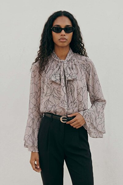 Sateen Patterned Scarf Blouse - Black