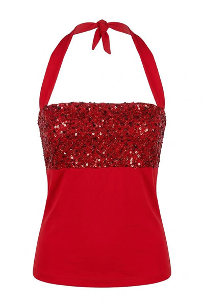 KECHİ WOMAN Strapless Neck Tie Sequin Detail Crop Red