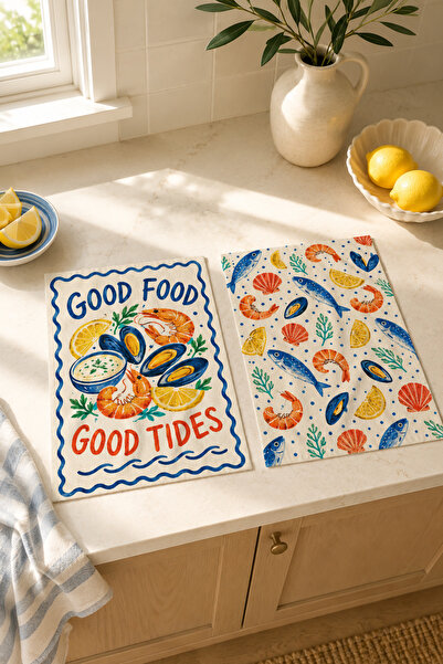milroma Good Food Good Tides Seafood Colorful Kitchen Patterned Mediterranean...