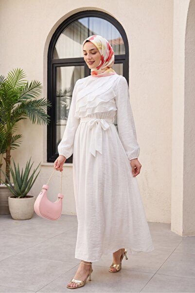 Modamorfo Elastic Waist Belted, Pleated Front, Balloon Sleeve Lined Chiffon D...