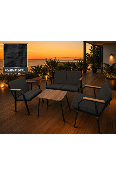Dekoroom's DURU 2-1-1 BAHÇE BALKON MOBİLYASI,SEHPALI,SİYAH İSKELET,KUMAŞ RENG...