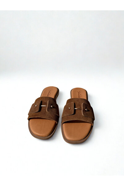 SALDA Genuine Leather Brown Suede Single Buckle Slippers for Women