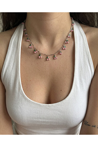 Gleemy accesories Gümüş renk Yaz Temalı pembe Kiraz Figürlü Kolye