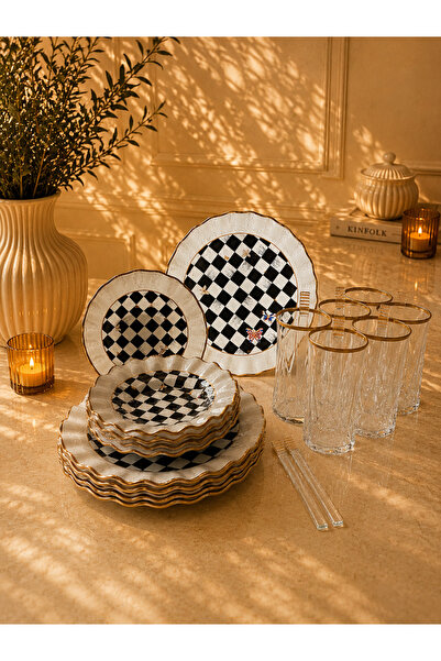 GÜRCÜGLASS Checkered model 24-piece tea enjoyment with spoon