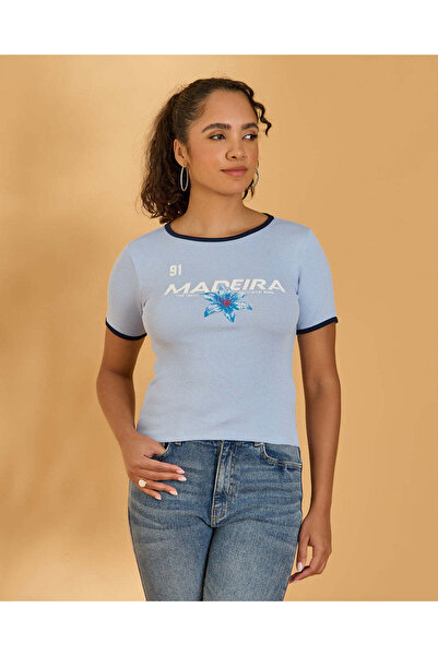 REDTAG Women Blue Madeira Print T-Shirt