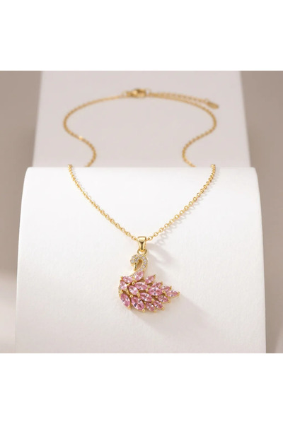 Altın Renk Pembe Taşlı Kuğu Pink Swan Çelik Kolye