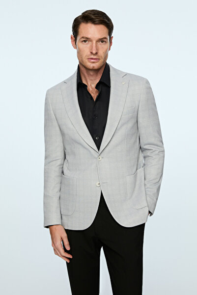 Morven Men's Gray Polyester Trendy Plaid Slim Fit Mono Collar Jacket
