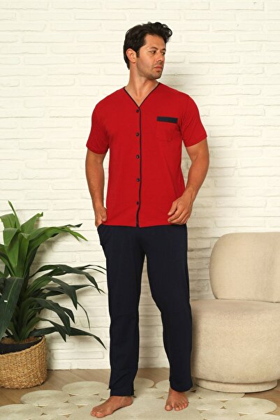 ALİMER Front Buttoned Men's Pajama Set - Claret Red Short Sleeve Lycra Cotton...