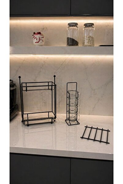 Edora Home Set of 3 Black 4-Compartment Cup Holders, Two-Tier Serving Tray, N...