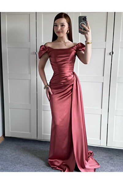 ayşenur Dinçer butik Balon Kol Saten Abiye Tarçın