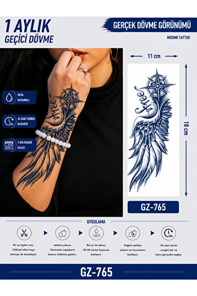 medink tattoo 1 Ay Kalıcı Sonradan Kararan 11X 18 cm Pusula ve kanat model ge...