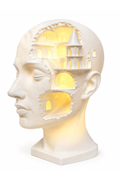 3dlink Lampă decorativă "Minte Aglomerată" — bust uman cu oraș interior ilumi...