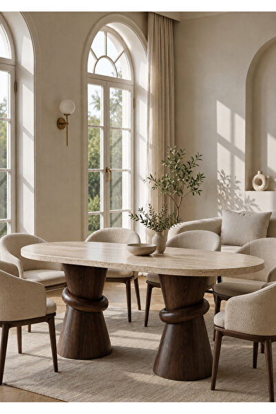 ESİLA MARBLE Traverten Lüks Ahşap Ayaklı Yemek Masası-Modern Yemek Masası
