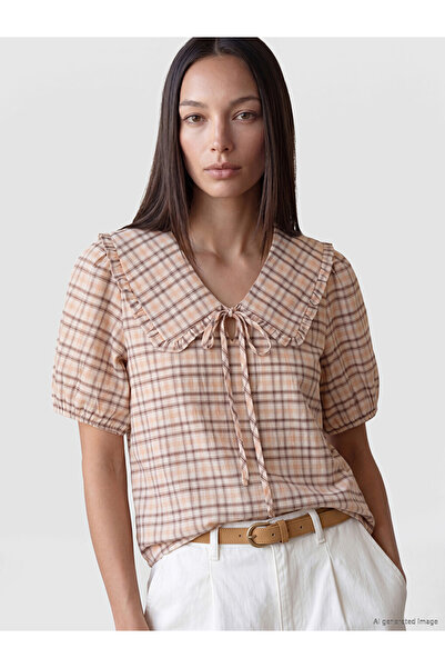 LC Waikiki Peak New Season Orange Baby Collar Plaid Blouse