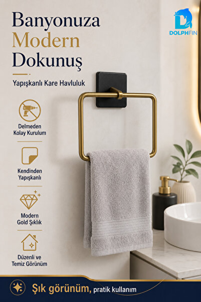DolphFin Yapışkanlı Kare Havluluk Mat Siyah Delmeden Montajlı Banyo Mutfak Ha...