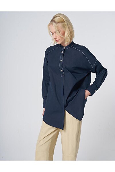 Kayra Shiny Stone Detailed Cotton Tunic Dark Navy Blue