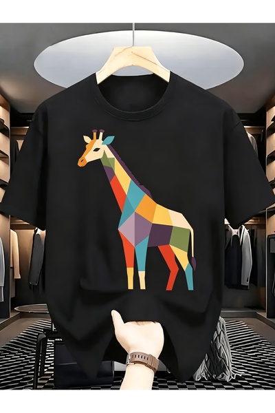 12 Teknoloji Men's Pure Cotton T-shirt, Geometric Color Block Giraffe Print P...